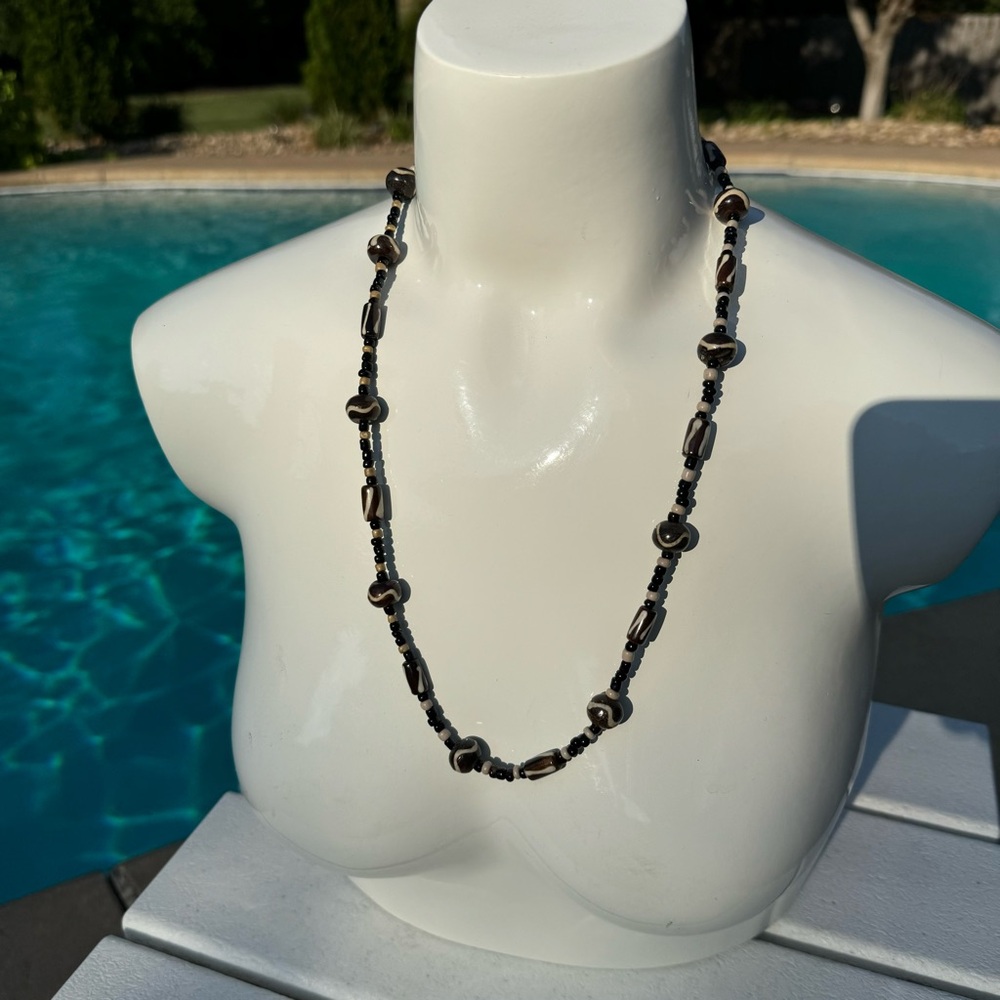 Seed Bead Stretch Necklace with Ceramic Beads Neutral Colors approx 12 inches